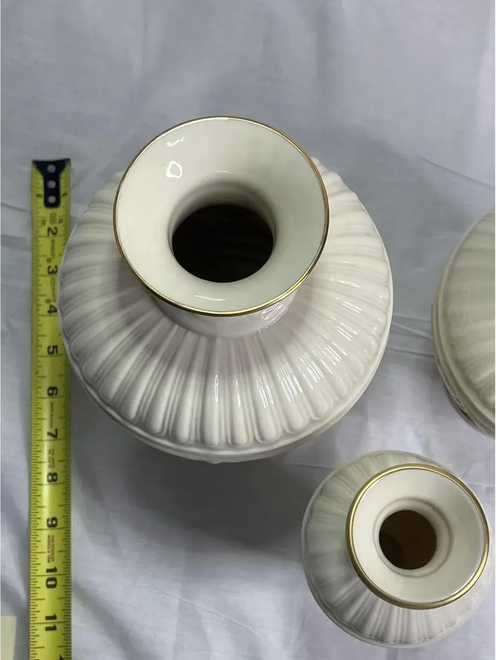 Lenox Athenia Porcelain Vase Set White 24K Gold Trim Embossed Shell 3 Pc